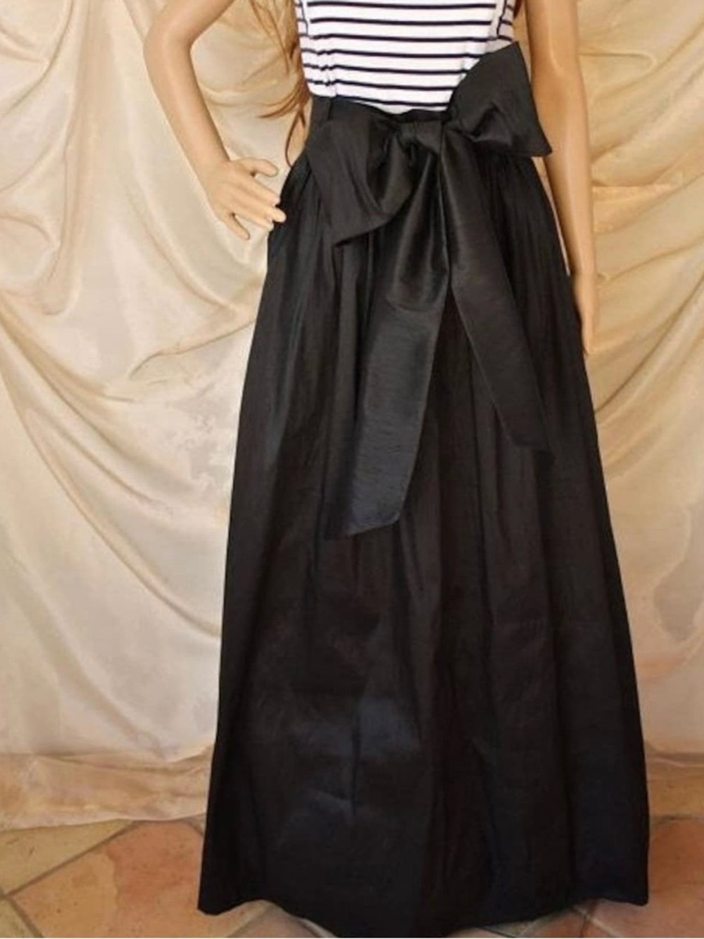Handmade Black Maxi/Midi Skirt: Shantung Skirt with Sash and Pockets Waist 27